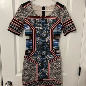 Jealous Tomato Mixed Print Bodycon Dress Size S Floral Geometric Mini